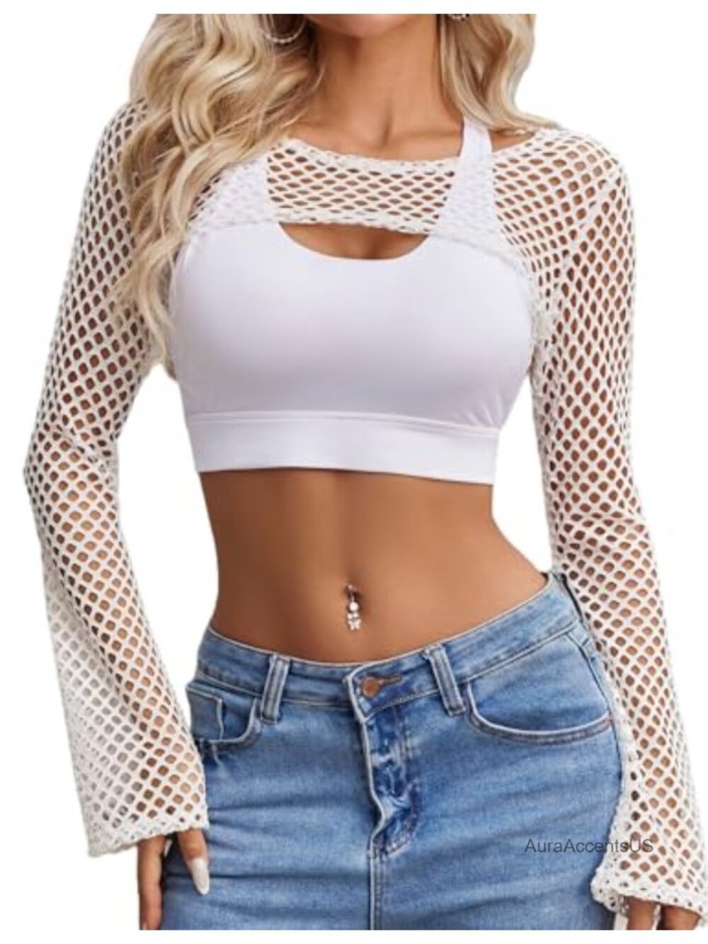 Fishnet Crop Top Women Mesh Long Sleeve Sheer Y2K Grunge Rave